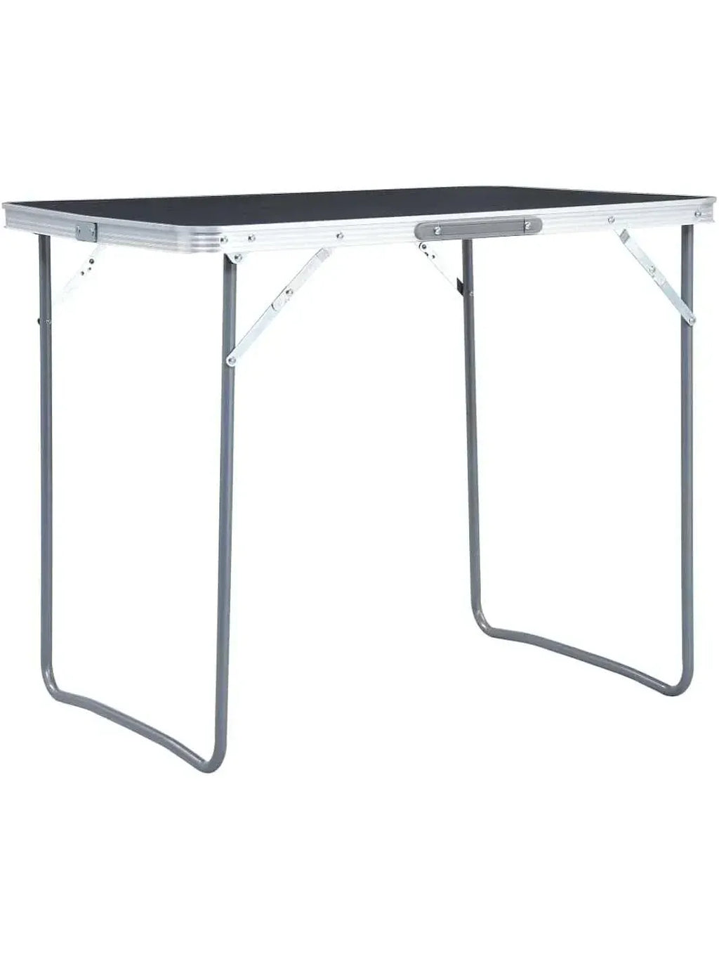 Petite table de camping pliante en aluminium et MDF 80 x 60 cm devant une tente