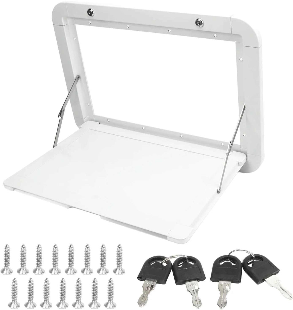 Plateau de table pliant pour camping-car fixé au mur et rabattu contre la paroi