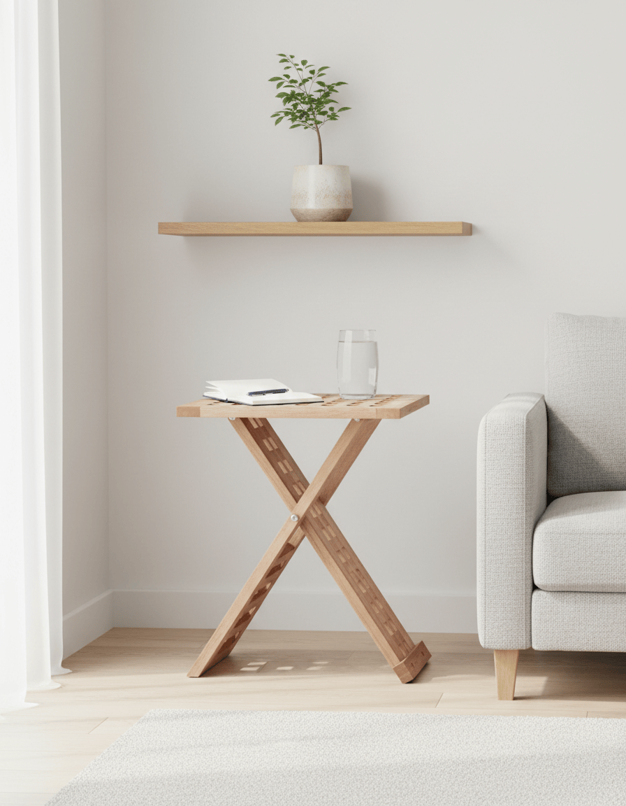 Table basse pliante en bois de noyer de 40 cm dépliée dans un salon - photo 6