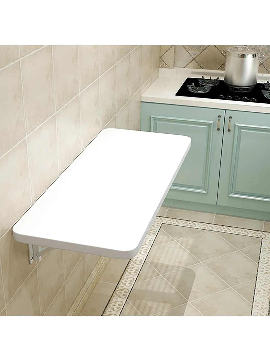 Table de cuisine pliante murale à finition laquée rabattue contre le mur