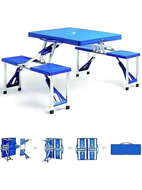Table de camping pliante avec chaises intégrées dépliée sur une aire de pique-nique - photo 2