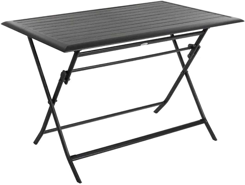 Table de jardin aluminium pliante 110 x 71 cm dépliée sur une terrasse ensoleillée