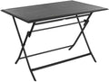 Table de jardin aluminium pliante 110 x 71 cm dépliée sur une terrasse ensoleillée