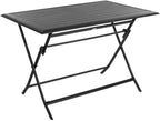 Table de jardin aluminium pliante 110 x 71 cm dépliée sur une terrasse ensoleillée