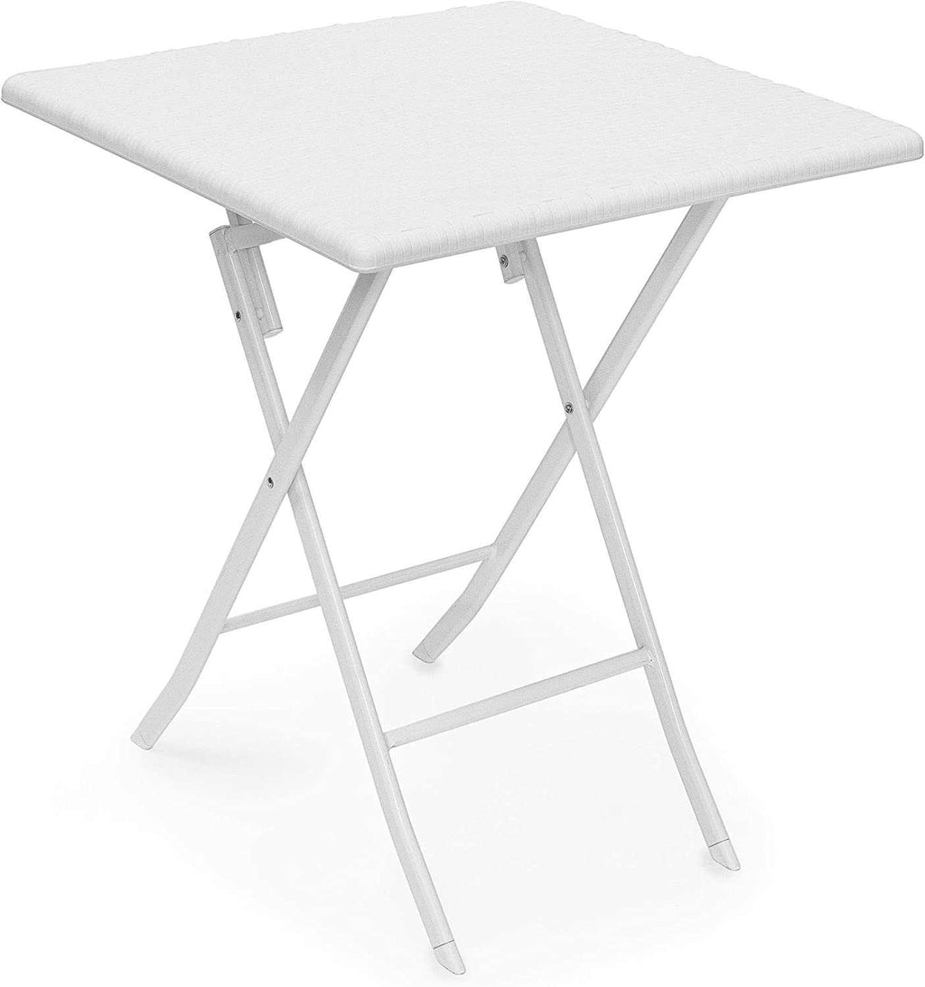 Table de jardin pliante blanche compacte de 61,5 cm dépliée sur un balcon