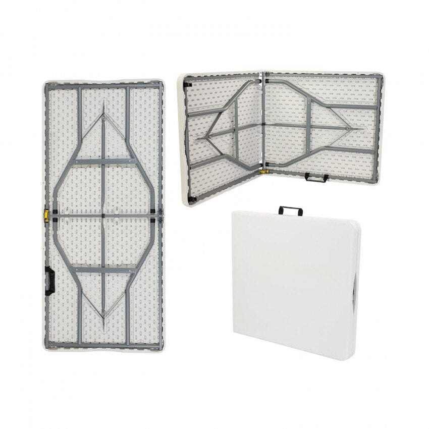 Table de jardin pliante en plastique blanche 180 x 70 cm dépliée dans un jardin - photo 3