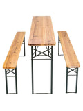 Table pliante bois 8 personnes de 170 cm avec ses deux bancs assortis dans un jardin