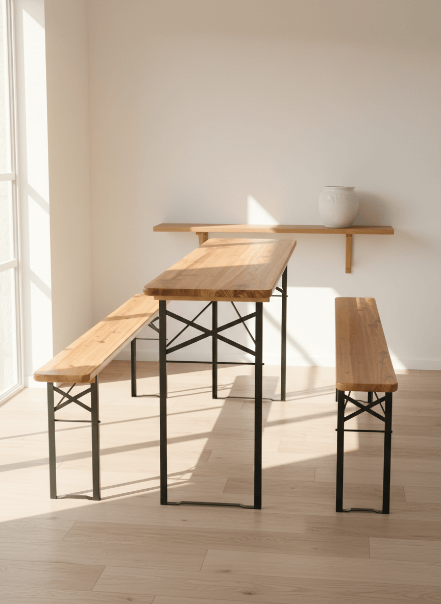 Table pliante bois 8 personnes de 170 cm avec ses deux bancs assortis dans un jardin - photo 7