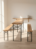 Table pliante bois 8 personnes de 170 cm avec ses deux bancs assortis dans un jardin - photo 7