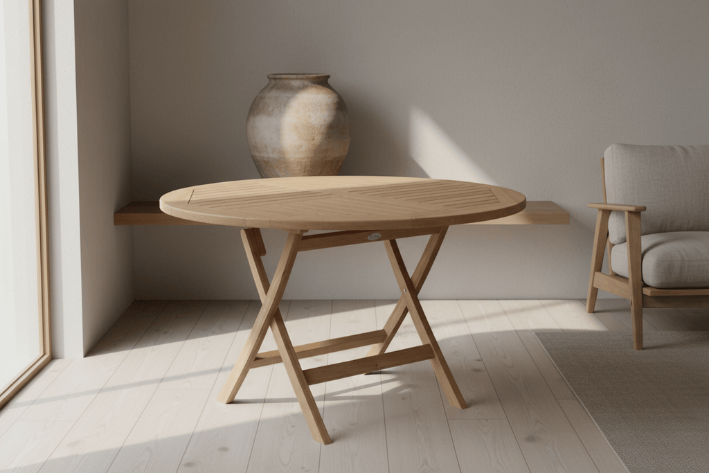 Table pliante en bois massif carrée de 120 cm installée dans un jardin - photo 2