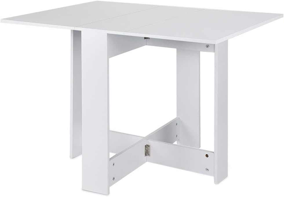 Table pliante de salon de 103 cm dépliée puis repliée en console contre un mur